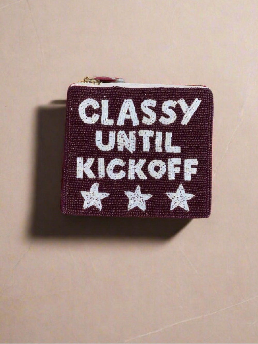 Game Day Beaded "Classy Until Kickoff" Zip Pouch - Wine and White